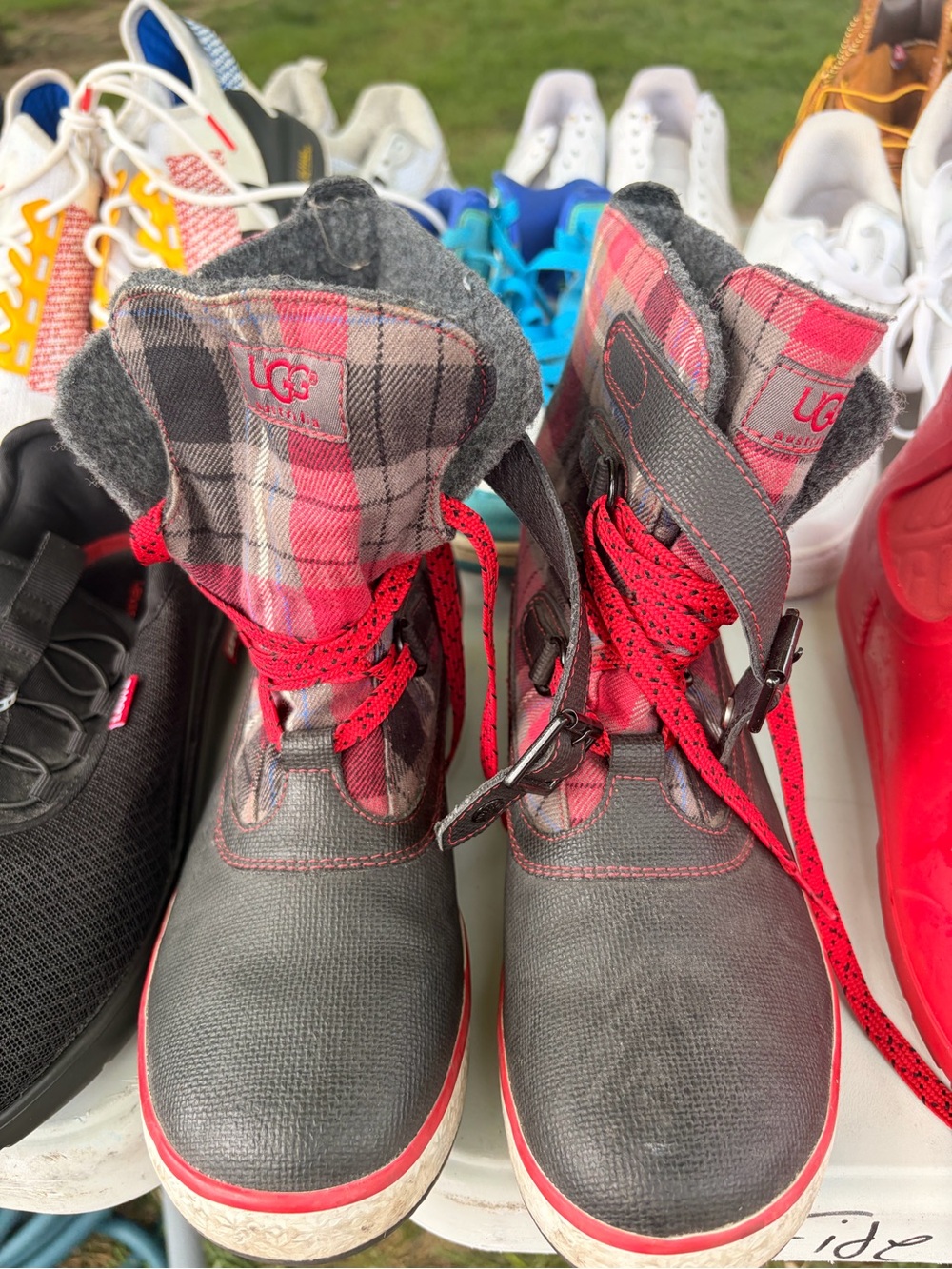 UGG Kids Gray Boots with Red Plaid Trim